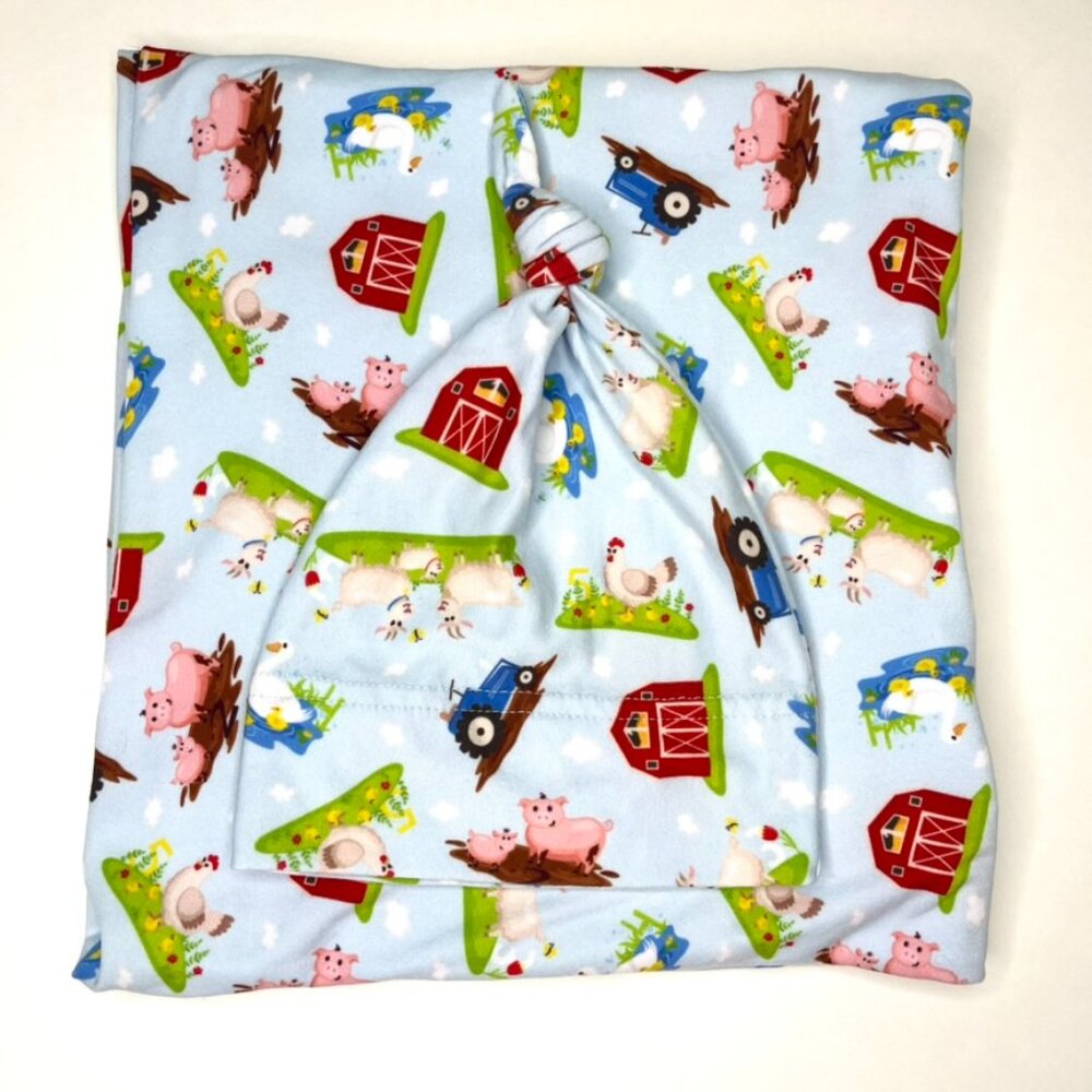 NEW Bumblito Barnyard Babies Stretch Swaddle Blanket & Hat Set Farm Animals